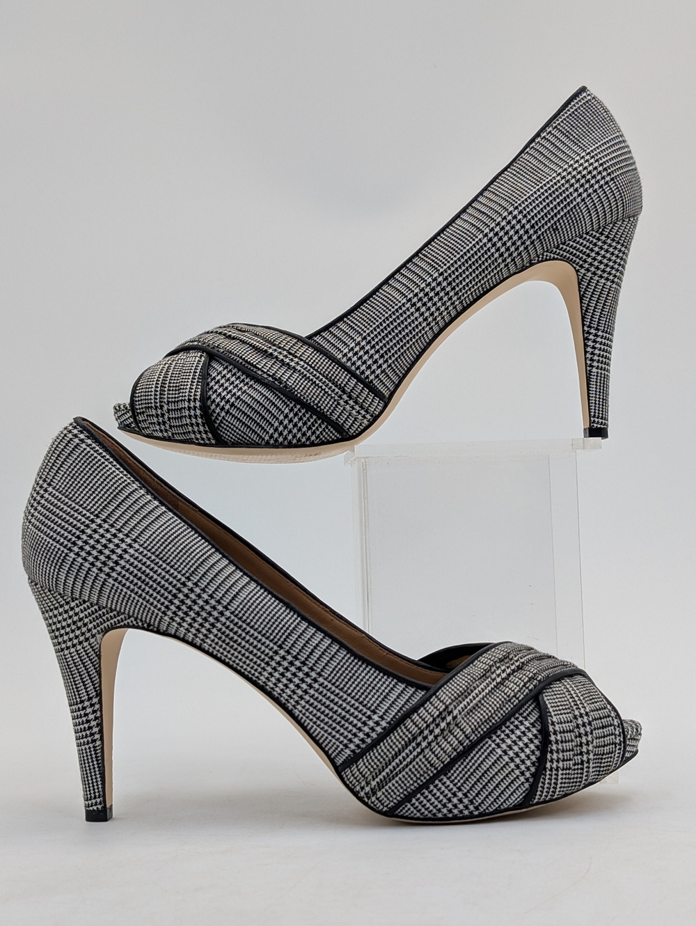 Talbots Sz 9.5M Plaid Black & White Textile Uppers Peep-Toe Crisscross Stiletto - Picture 9 of 17